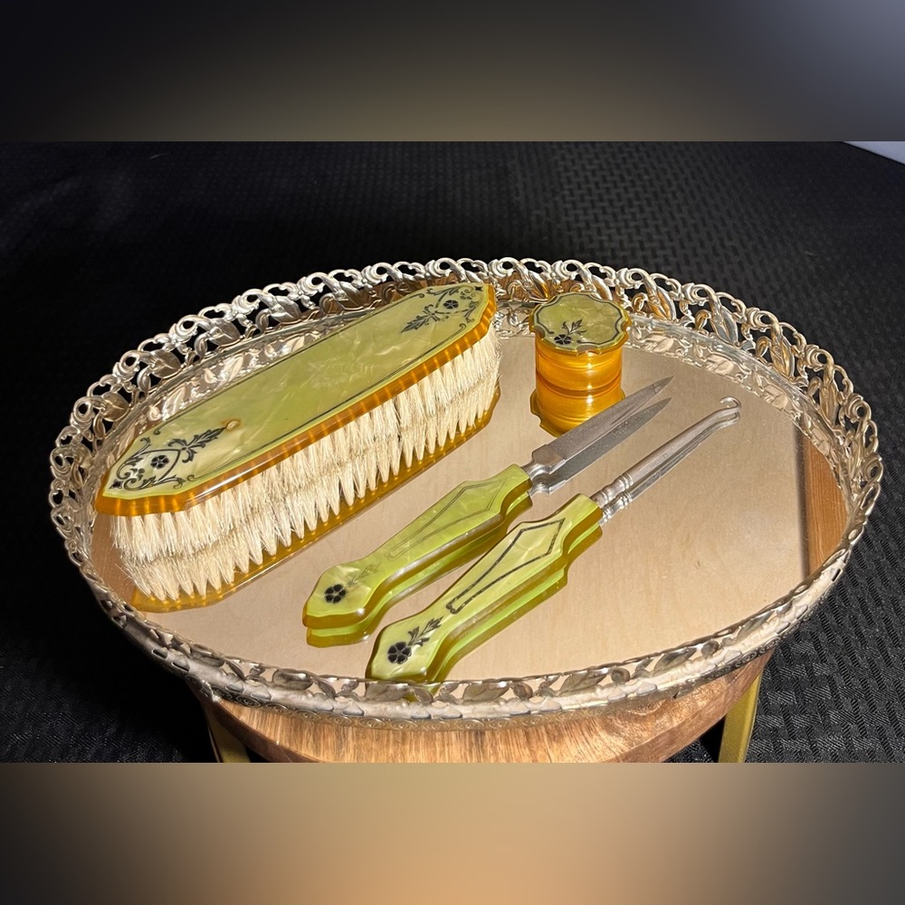 Vintage Mirror Vanity Tray with Antique Celluloid Set